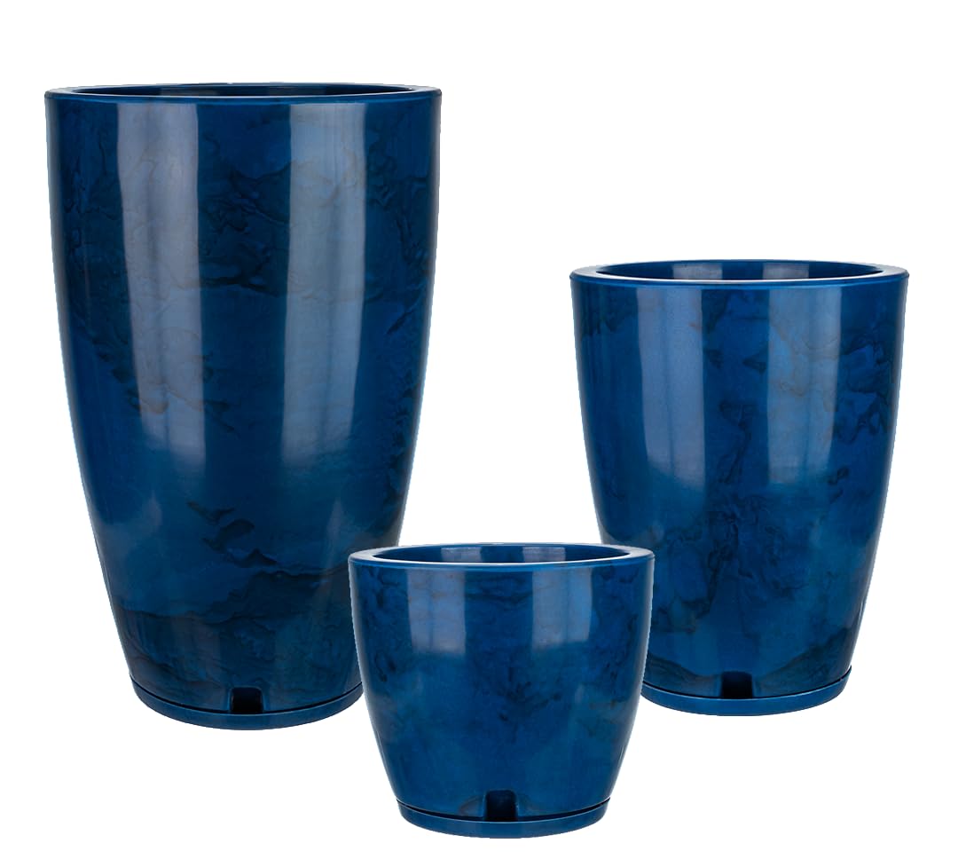 FLORIDIS Plastic Plant Pot, Blue Marble Effect, Set of 3 (11+17+25 inch) with Drainage Hole and Saucer. Outdoor and Indoor Set of Black planters for patios, Front Porch.