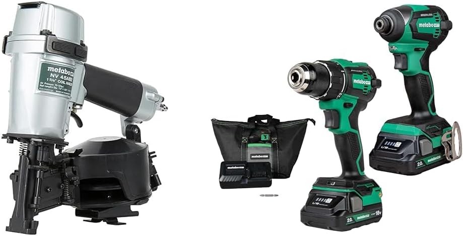 Bundle of Metabo HPT Roofing Nailer, Pro-preferred Pneumatic Power Nailers in Roofing tools, NV45AB2 + Metabo HPT 18V MultiVolt™ Cordless Brushless Driver Drill & Impact Driver Combo Kit, KC18DEXQB