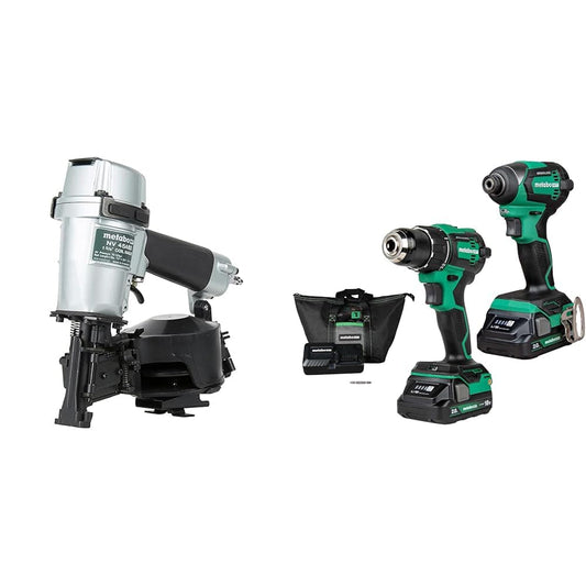 Bundle of Metabo HPT Roofing Nailer, Pro-preferred Pneumatic Power Nailers in Roofing tools, NV45AB2 + Metabo HPT 18V MultiVolt™ Cordless Brushless Driver Drill & Impact Driver Combo Kit, KC18DEXQB
