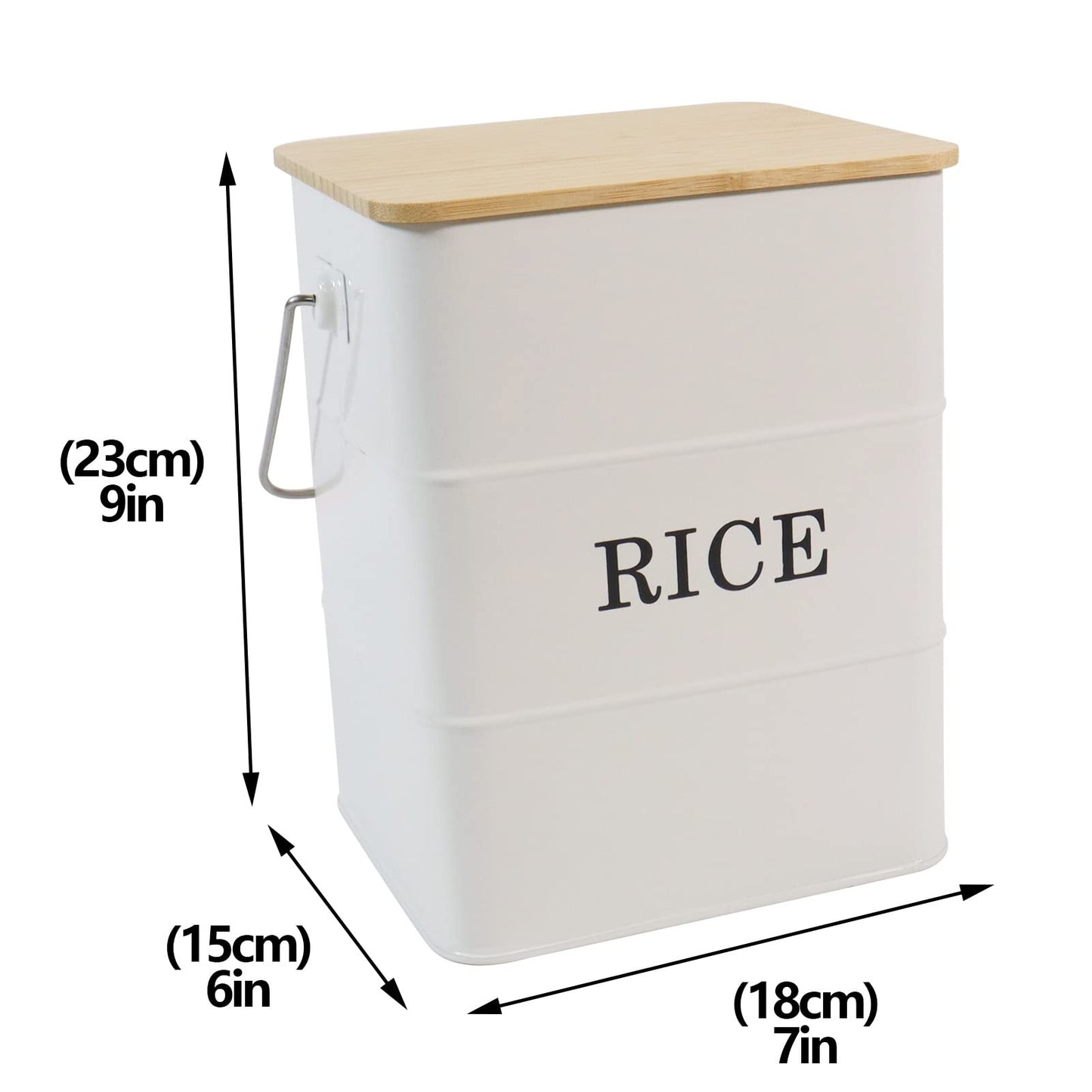 Gdfjiy Rice Container Metal Rice Storage Bin, Rice Storage Box with Airtight Bamboo Lid & Scoop, Food Storage Container for Rice Flour Soybean Grain Cereal (White)