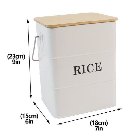 Gdfjiy Rice Container Metal Rice Storage Bin, Rice Storage Box with Airtight Bamboo Lid & Scoop, Food Storage Container for Rice Flour Soybean Grain Cereal (White)