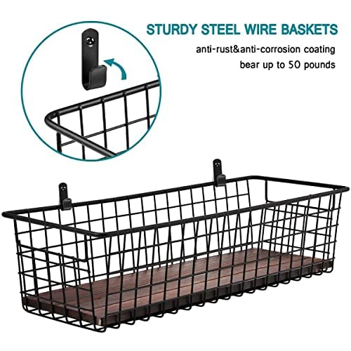 SheeChung 2 Set [Extra Large] Portable Metal Farmhouse Wall Decor Storage Organizer Basket Bin with Handles & Floating Shelves for Hanging in Bathroom,Kitchen,Office-Wall Mount Hooks (2, Black)