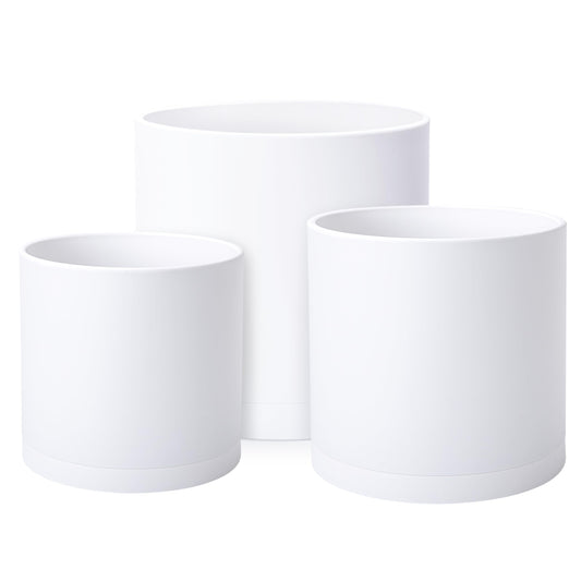 D'vine Dev 12 Inch 14 Inch 16 Inch, Set of 3 Plastic Planter Pots for Plants with Drainage Hole and Seamless Saucers, White Color, XXX-Large, 74-V-A-7