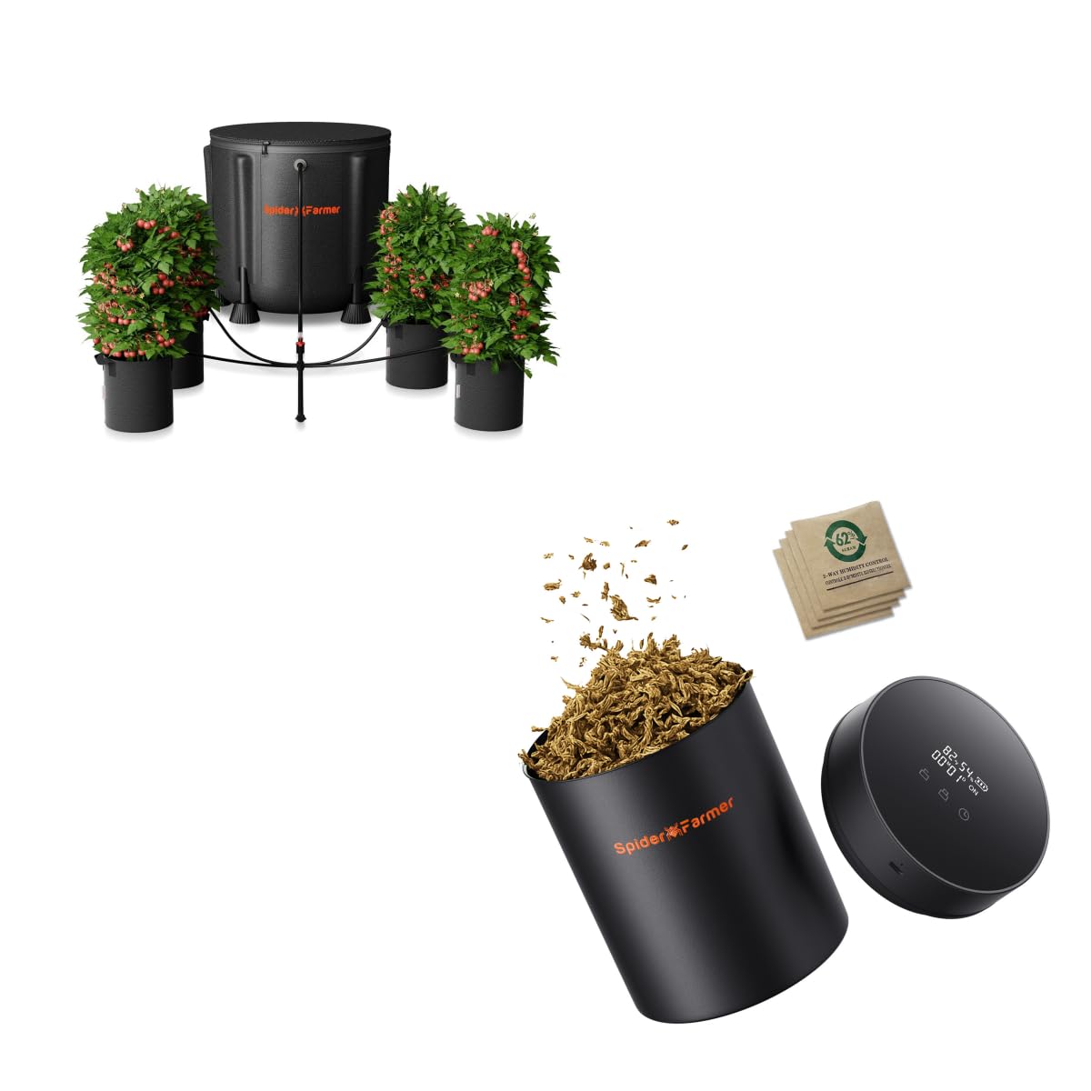 Spider Farmer New Auto-Cure Smart Jar, 2L Portable Vacuum Seal Container with 4 x 62% Humidity Packs and Auto Drip Irrigation System Kits with 13-Gallon Bucket