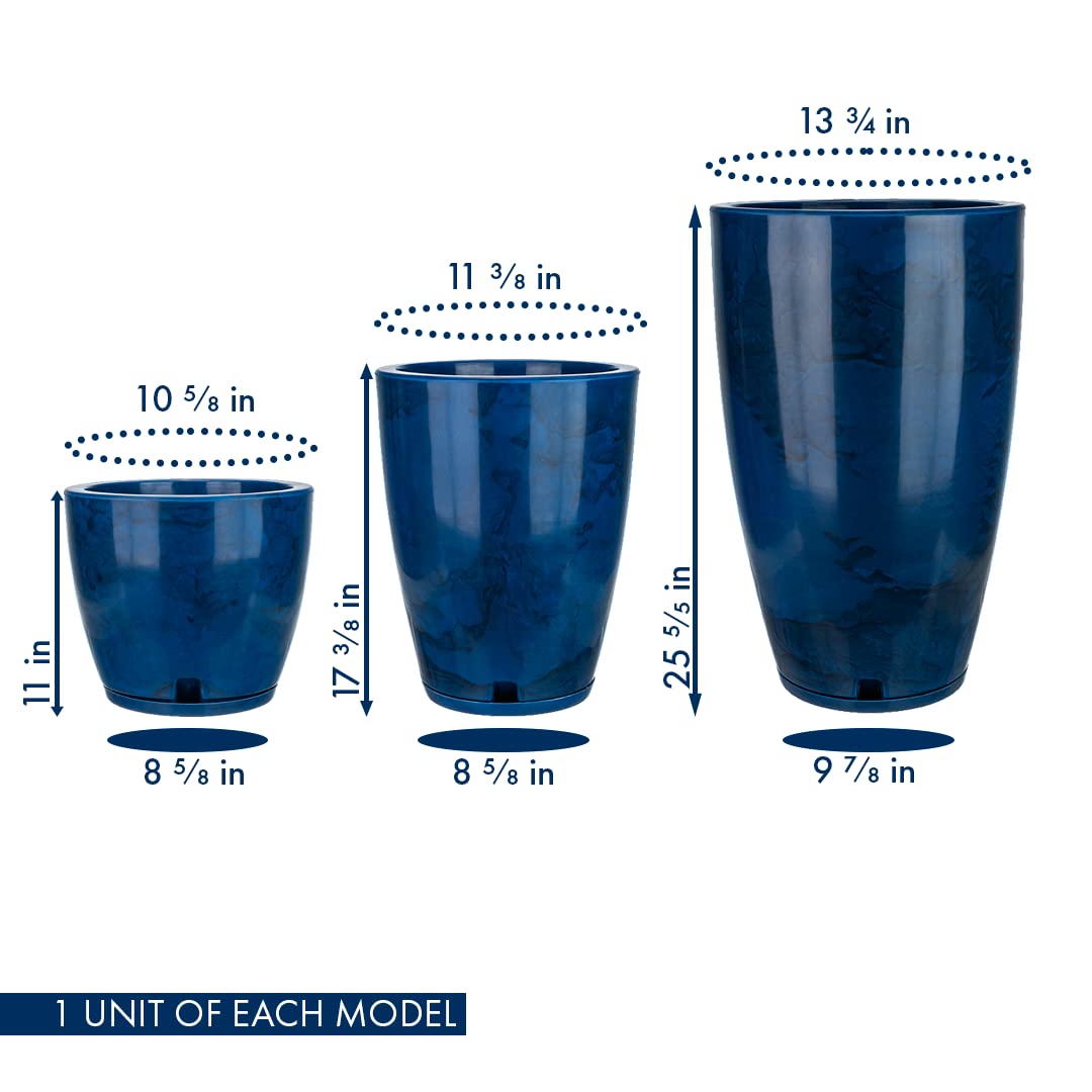 FLORIDIS Plastic Plant Pot, Blue Marble Effect, Set of 3 (11+17+25 inch) with Drainage Hole and Saucer. Outdoor and Indoor Set of Black planters for patios, Front Porch.
