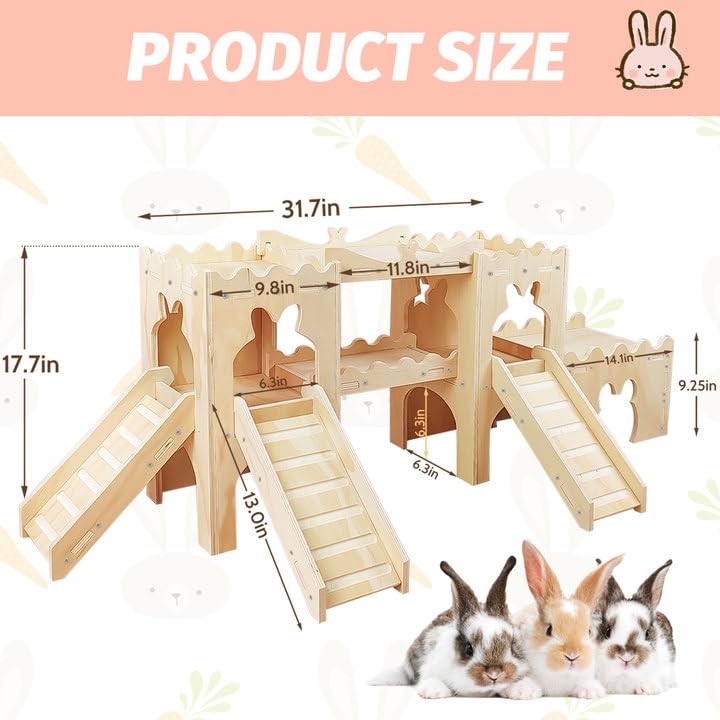 NICERINC PET Extra Large Wooden Rabbit Castle Hideaway Tunnel and Bed Small Animal Hideaway Hut Solid Safe Construction Play Hideaway Hut for Rabbit Guinea Pig Chinchilla