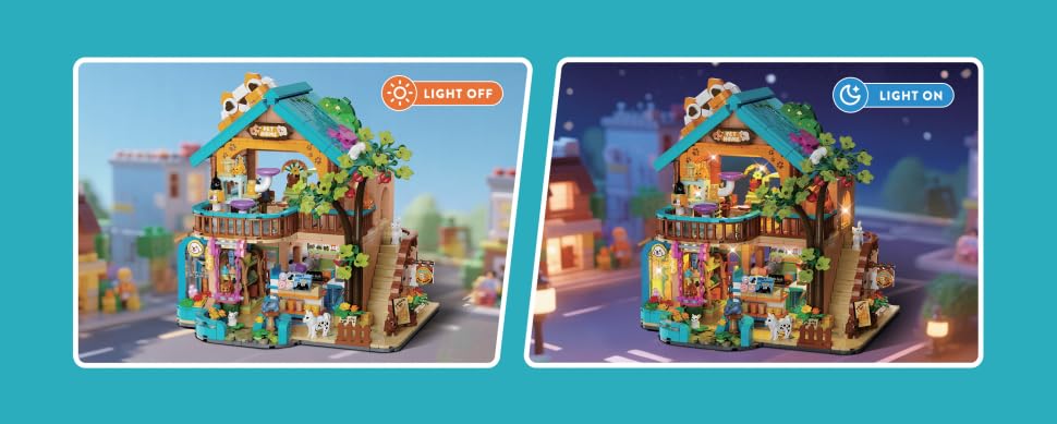 INSOON City Pet Shop Building Set with Lights, Cozy Pet House Construction Toy with Cats Dogs Rabbit, 1431 PCS Cute Animal Store Miniature Model Building Block Kit for Adults Kids Boys Girls Ages 12+