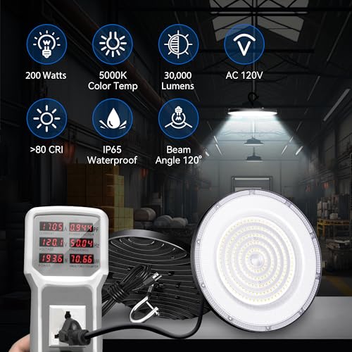 10 Pack UFO LED High Bay Light 200W, 30000 LM, 5000K Daylight, Commercial High Bay LED Shop Lights Fixture with 5' Cable US Hook for Warehouse Workshop Factory Barn Lighting