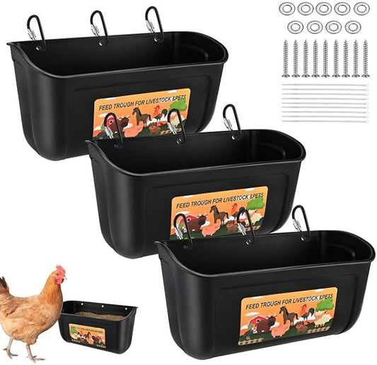 Hanging Chicken Feeder with Clips, 3 Pack Chicken Feeder & Waterer 4 Quart, Fence Duck Goose Goat Pig Feeder, Poultry Feeding Container, Water Trough for Livestock, Plastic Feeder Trough Bucket