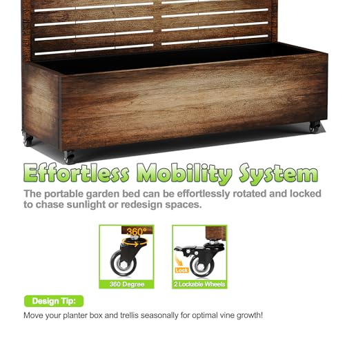 15.7"×70.9"×47.2" Metal Raised Garden Bed with Trellis and Wheels - Tall Trellis Planter Box for Climbing Plants, Vegetables & Vines - Outdoor Privacy Planters for Patio (Acacia Wood Grain-Louvered)