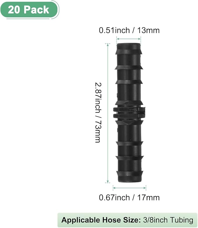 20-Pack Drip Irrigation Barbed Fittings, for 3/8 Inch Tubing Connector Plastic Coupling Irrigation Parts for Garden/Greenhouse/Aquarium/Flower Pot, Drip Pipe Accessories