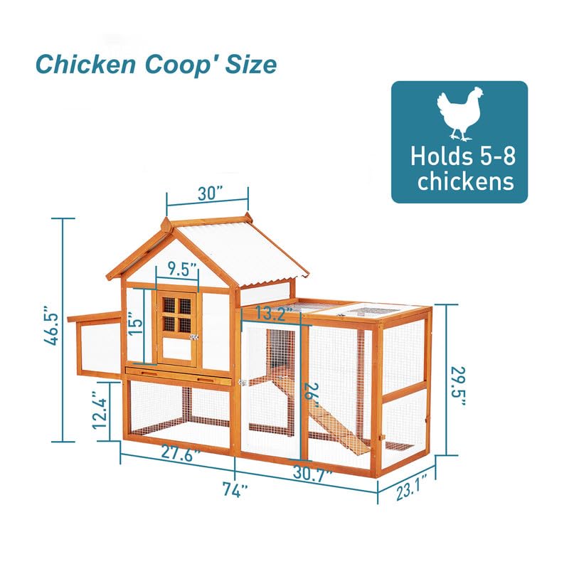 Chicken Coop Hen House, Rabbit Bunny Hutch Outdoor, Wooden Large Walk in Wooden Chicken Coop for 6/8/10 Chickens, Portable Outdoor Rabbit Hutch, Nesting Box with 5 Access Areas