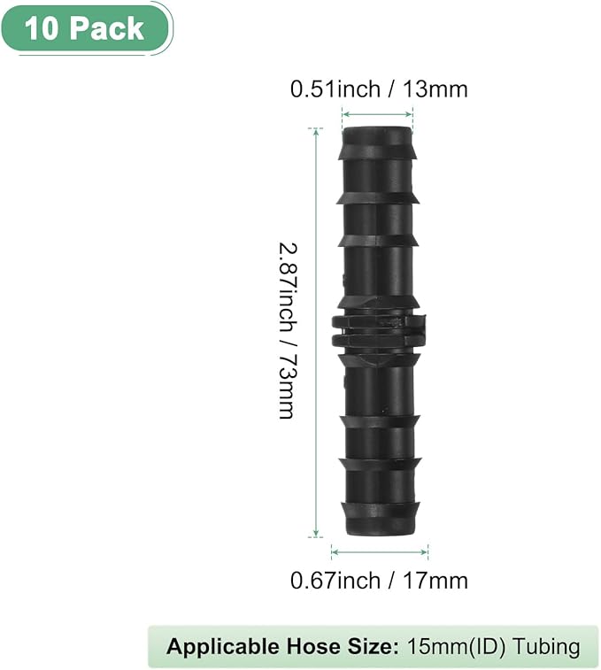 10-Pack Drip Irrigation Barbed Fittings, for 15mm Tubing Connector Plastic Coupling Irrigation Parts for Garden/Greenhouse/Aquarium/Flower Pot, Drip Pipe Accessories