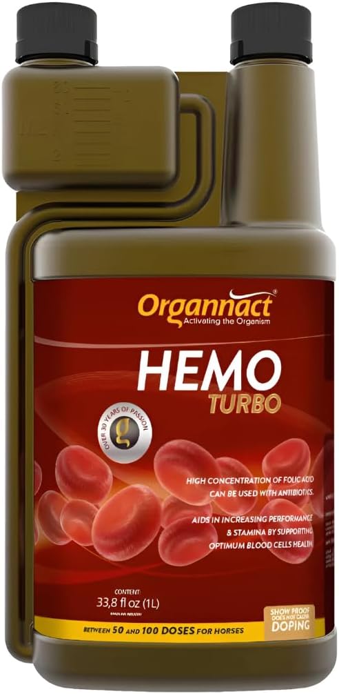 Organnact Hemo Turbo - Blood Cell Production Supplement for Horses and Livestock - Enhances Athletic Performance, Supports Anemia - Non-Doping, Green Apple Flavor - 33.8 fl oz (1L)