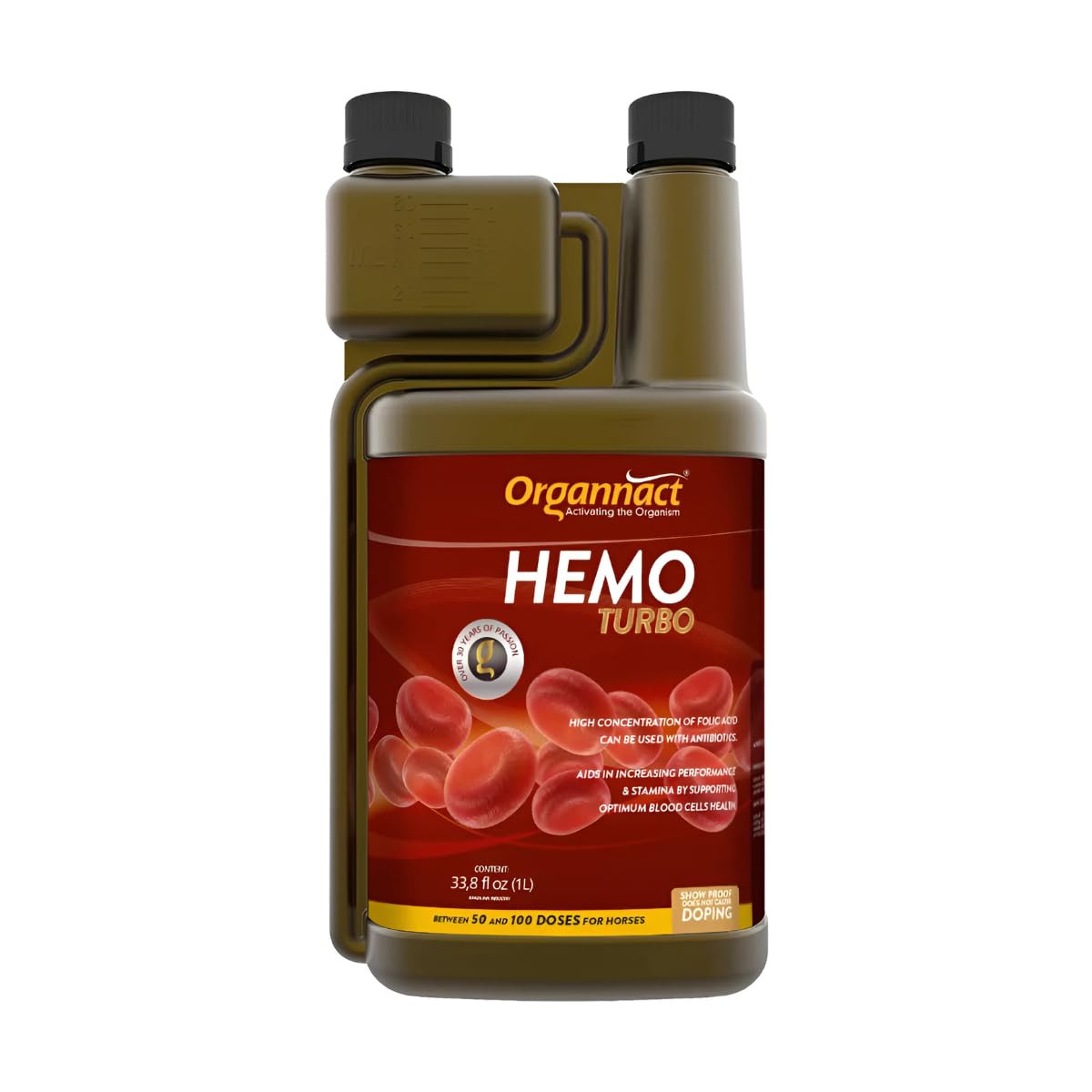 Organnact Hemo Turbo - Blood Cell Production Supplement for Horses and Livestock - Enhances Athletic Performance, Supports Anemia - Non-Doping, Green Apple Flavor - 33.8 fl oz (1L)