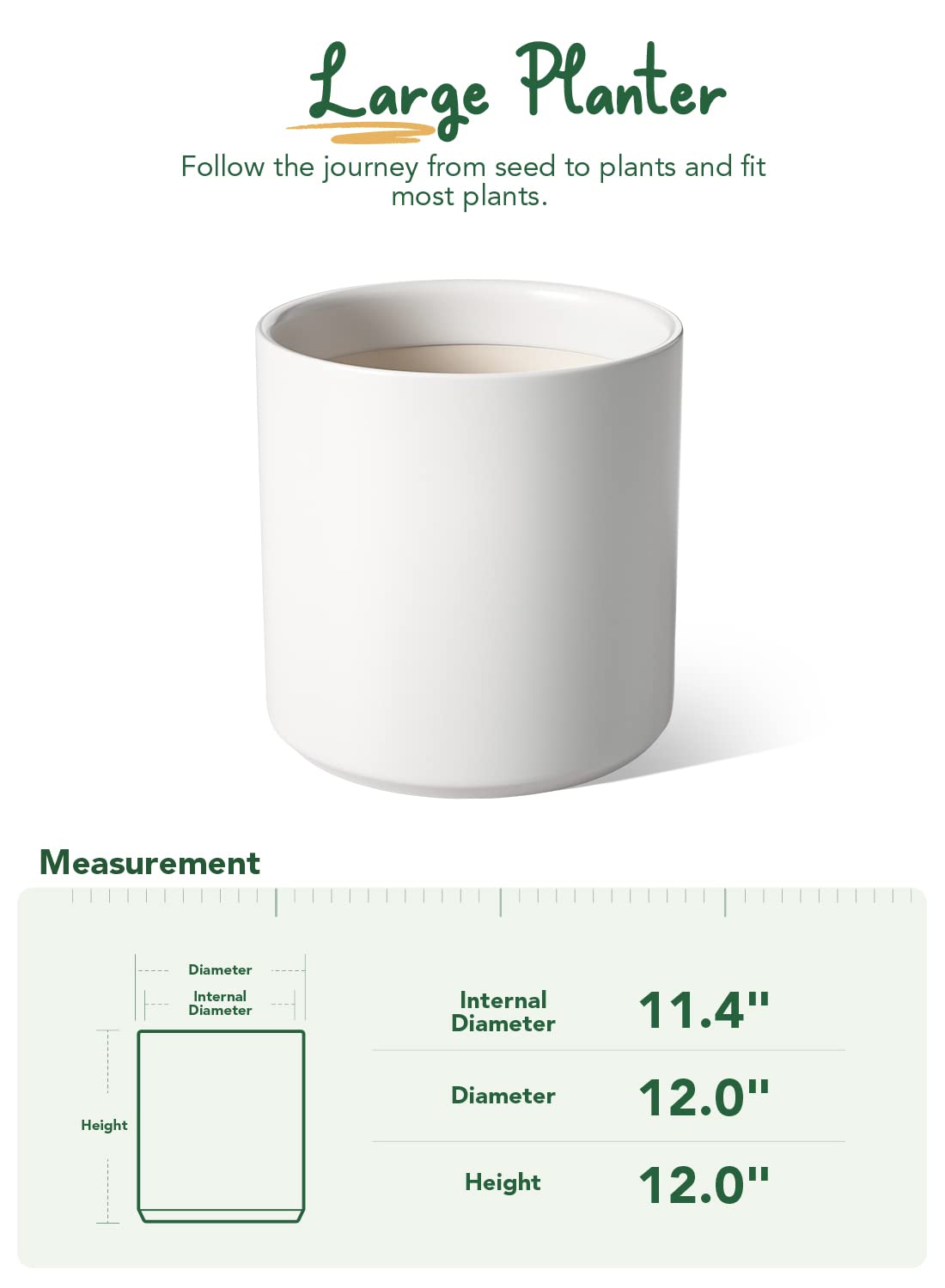 LE TAUCI Large Plant Pots Set, 12/10/8/6 Inch Ceramic Planters for Indoor Plants, Mid-Century Modern Flower Planter Pots with Drainage Hole and Plug, Cylinder Round Planter Pots, Set of 4, White