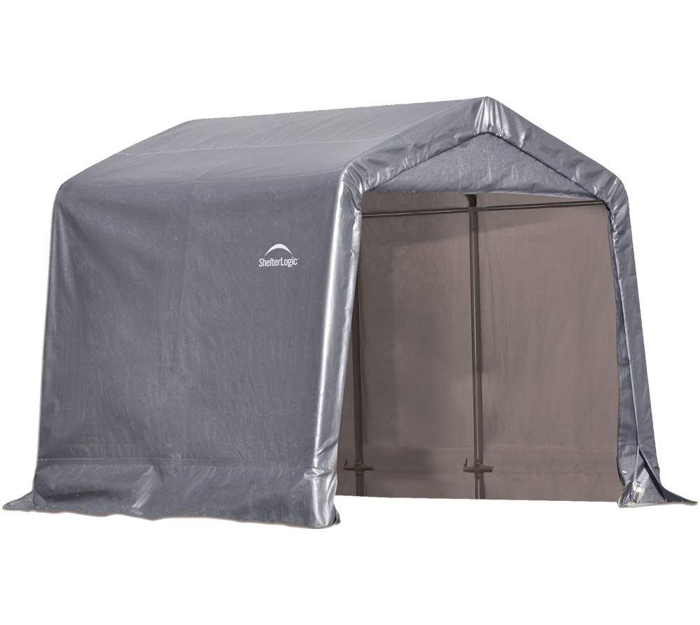 ShelterLogic 8' x 8' x 8' Shed-in-a-Box All Season Steel Metal Peak Roof Outdoor Storage Shed with Waterproof Cover and Heavy Duty Reusable Auger Anchors