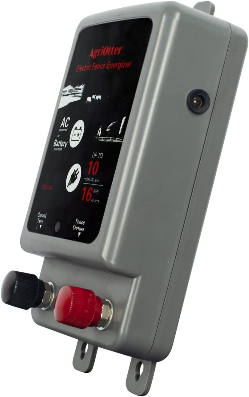 AgriOtter Electric Fence Energizer 40 Acre 10 Miles 2 in 1 Powered by Battery or AC Outlet 12000V 2J Pulse Electric