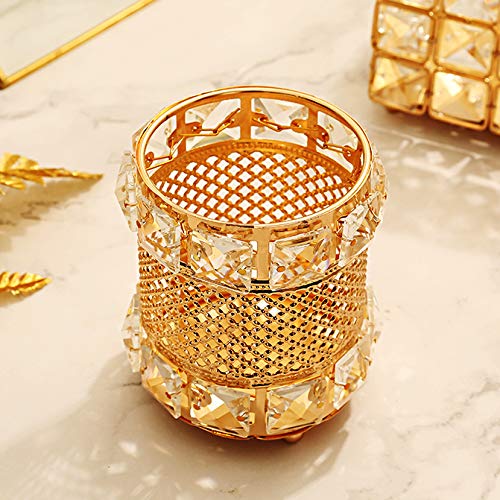 CY craft Gold Makeup Brush Holder,Brass Vintage Crystal Makeup Brush Organizer Handmade Cosmetic Brush Storage，Metal Eyebrow Pencil Pen Cup