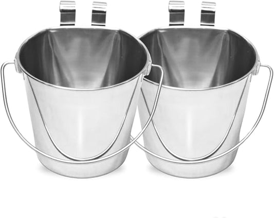 1 Quart Stainless Steel Flat Sided Pail with Dual Hooks | Hanging Bucket for Dog, Cat, Birds & Small Animals | Food & Water Bowl Fits Kennels, Crates & Cages | Multipurpose Use, Pack of 2