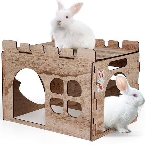 H1M9LX ST Wooden Rabbit Castle with Spacious Perch Hidey Playhouse for Bunny Detachable Hideout Tower Perfect Hiding Spot Home for Indoor Bunnies Guinea Pig Hamster Chinchilla