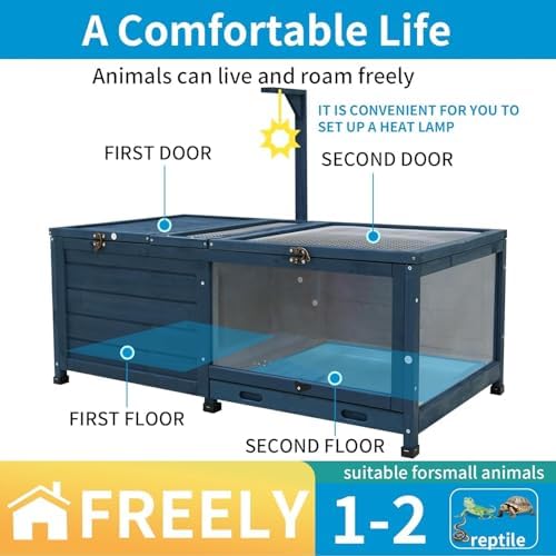 Wooden Tortoise House Indoor Large Tortoise Habitat Reptile Cage with Tray, Snake Turtle Box Reptile Terrarium Bunny Hutch for Small Animals, Blue