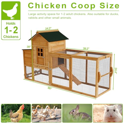 ECOLINEAR Large Chicken Coop with Wheels, Waterproof Outdoor Hen House for 6-8 Chickens, Movable Chicken House with Two Nesting Box, Removable Tray, PVC Cover, Wooden Duck Coop Rabbit Hutch