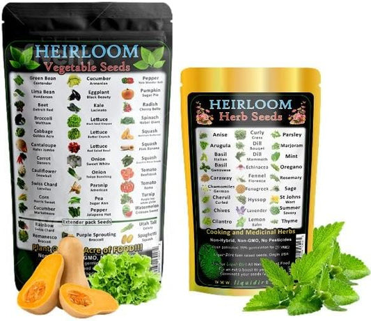 Heirloom Seeds Combo Pack Fruit and Vegetables Over 8,000 Seeds (38 Varieties) and Medicinal/Cooking Herbs Packs Over 12,000 Seeds (27 Varieties) for Your Garden (65 Total Combined Varieties)