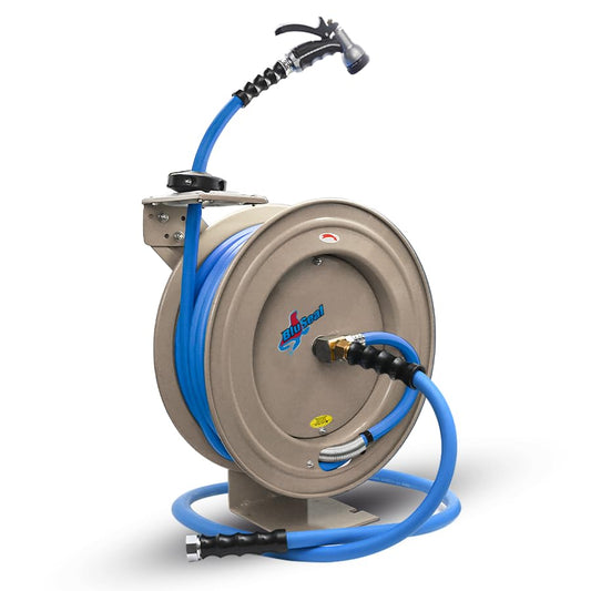 RMX BluSeal Auto Retractable Water Hose Reel with Hot & Cold Water Rubber Garden Hose, Spray Nozzle - Ultra Light, Super Strong with 6' Lead-in Hose (5/8” x 50’ Cream)