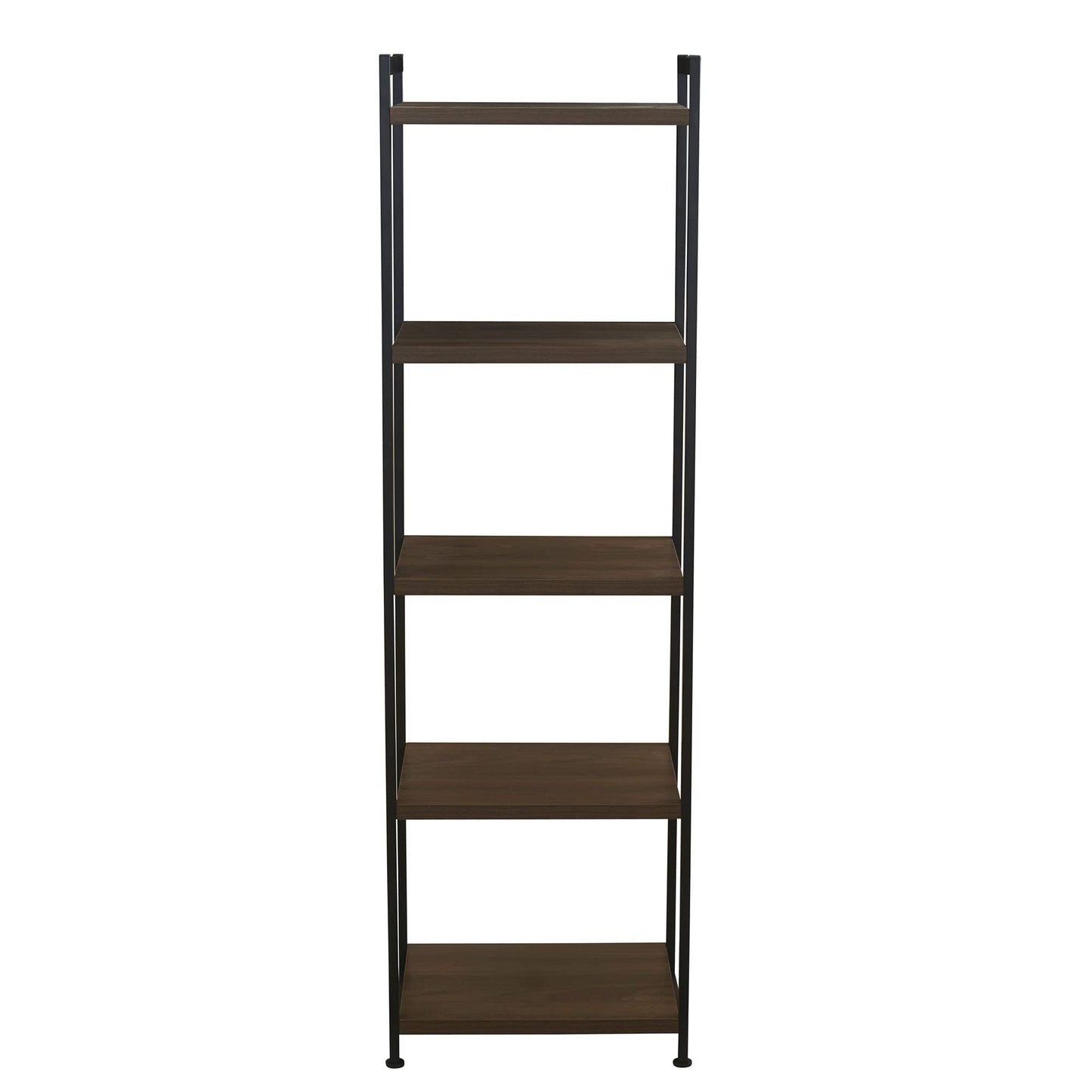 Household Essentials Jamestown Narrow 5 Shelf Open Storage Bookshelf Mid Century Walnut Wood Grain and Black Metal