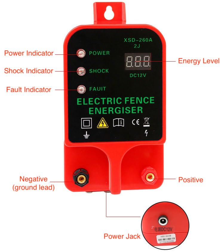 10KM Electric Fence Charger, Portable Electric Fence Energizer, 2J Waterproof Fence Charger for Livestock Cattle Horse, AC/Battery Powered, Alarm Function