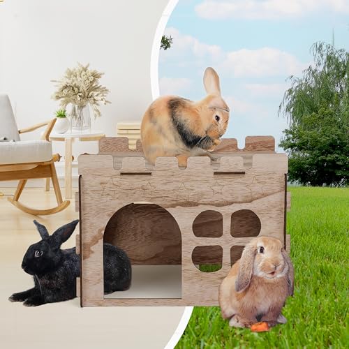 H1M9LX ST Wooden Rabbit Castle with Spacious Perch Hidey Playhouse for Bunny Detachable Hideout Tower Perfect Hiding Spot Home for Indoor Bunnies Guinea Pig Hamster Chinchilla
