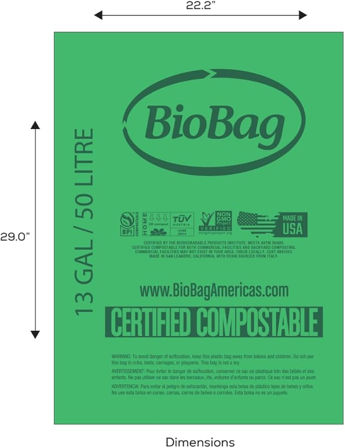13 Gallon Tall Compostable Thick Trash Bags by BioBag, 30 Count, BPI Certified, Meets ASTM D6400 Standards, Made in USA, Strong Kitchen Bin Liners