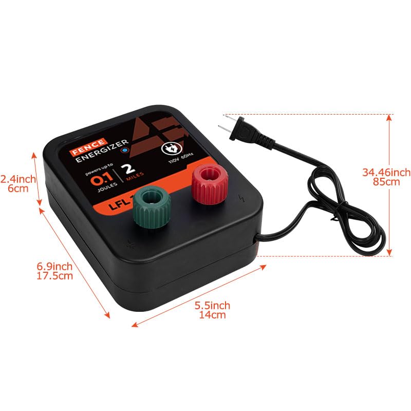Electric Fence Charger, 2 Mile 8 Acres Electric Fence Energizer, 0.1 Joule Ac Powered Output Voltage 5100v, for Preventing Wild Animals Intruding Great for Poultry, Pets and Gardens