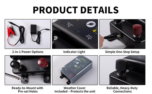 2025 New Tech 2 in 1 Electric Fence Energizer Charger Plug-in & 12V Battery, Waterproof & Safe Wide Coverage Energizer for Farms, Suburban Homes, Gardens, Livestock, Pets & More