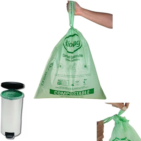13 Gallon Compostable Drawstring Trash Bags by BioBag, 40 Count, BPI Certified, Meets ASTM D6400 Standards, Easy-Tie Kitchen Liners
