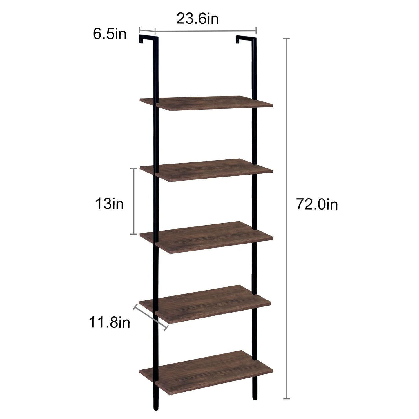 Wolawu 5 Tiers Ladder Shelf 2-Piece Black Modern Tall Bookshelf Open Large Tall Wall Mount Storage Bookcase Standing Leaning Wall Shelves Industrial Decorative (Brown)