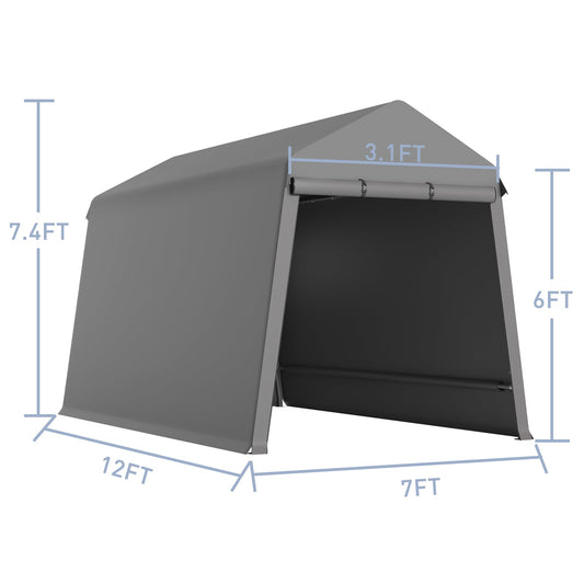 7X12 Ft Outdoor Portable Storage Shelter Shed with Rolled Up Zipper Doors & Vents, Heavy Duty Carport for Motorcycle Waterproof and Uv Resistant Anti-Snow Portable Garage Kit Tent, Gray