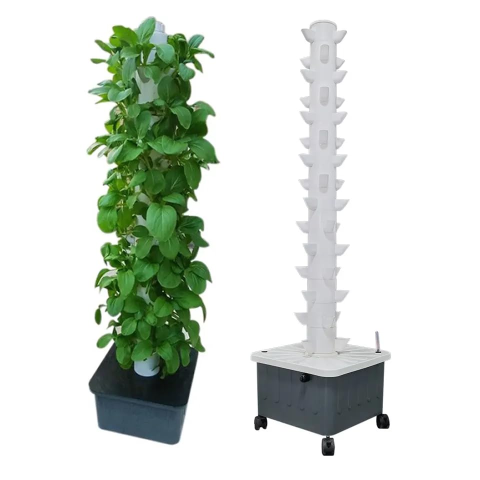TIRUSS Vertical Hydroponic Grow Tower Aeroponic Tower for Herbs, Fruits and Vegetables 15 Layer 45 Plants Sites with Movable Water Tank Hydrating Pump, Timer, Adapter (45 pots)