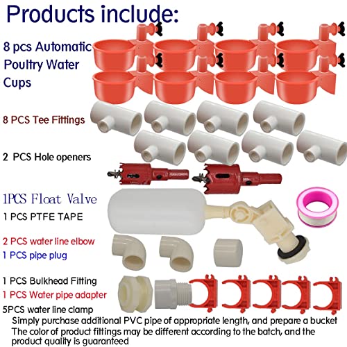 Complete Set Pipeline Automatic Chicken Nipple Waterer Cups and 1/2" PVC Tee Fittings Pipe Feeder Poultry Waterer Chicken Waterer pourtly Water Cup Durck Watering System