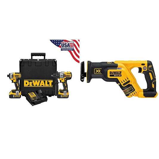 DEWALT 20V MAX* XR Cordless Drill Combo Kit, Brushless, 5.0-Ah, 2-Tool (DCK299P2) & 20V MAX* XR Reciprocating Saw, Compact, Tool Only (DCS367B)