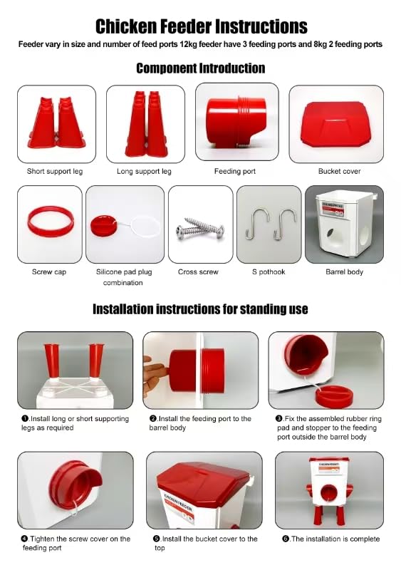 Automatic Chicken Feeder and Waterer Set(4 Buckets/2-3 gallons), 18 Pounds No Waste, Rain Proof Poultry Feeder, Avoid Small Animals, Suitable for Chicken, Duck, Turkey(Red Color)