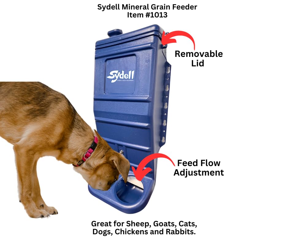 Sydell Sheep and Goat Grain Mineral Feeder, Large Outdoor Forage Grain Feeding System, Supports Up to 10 Small Livestock, Weather Resistant Heavy-Duty Plastic, Fence Mounted