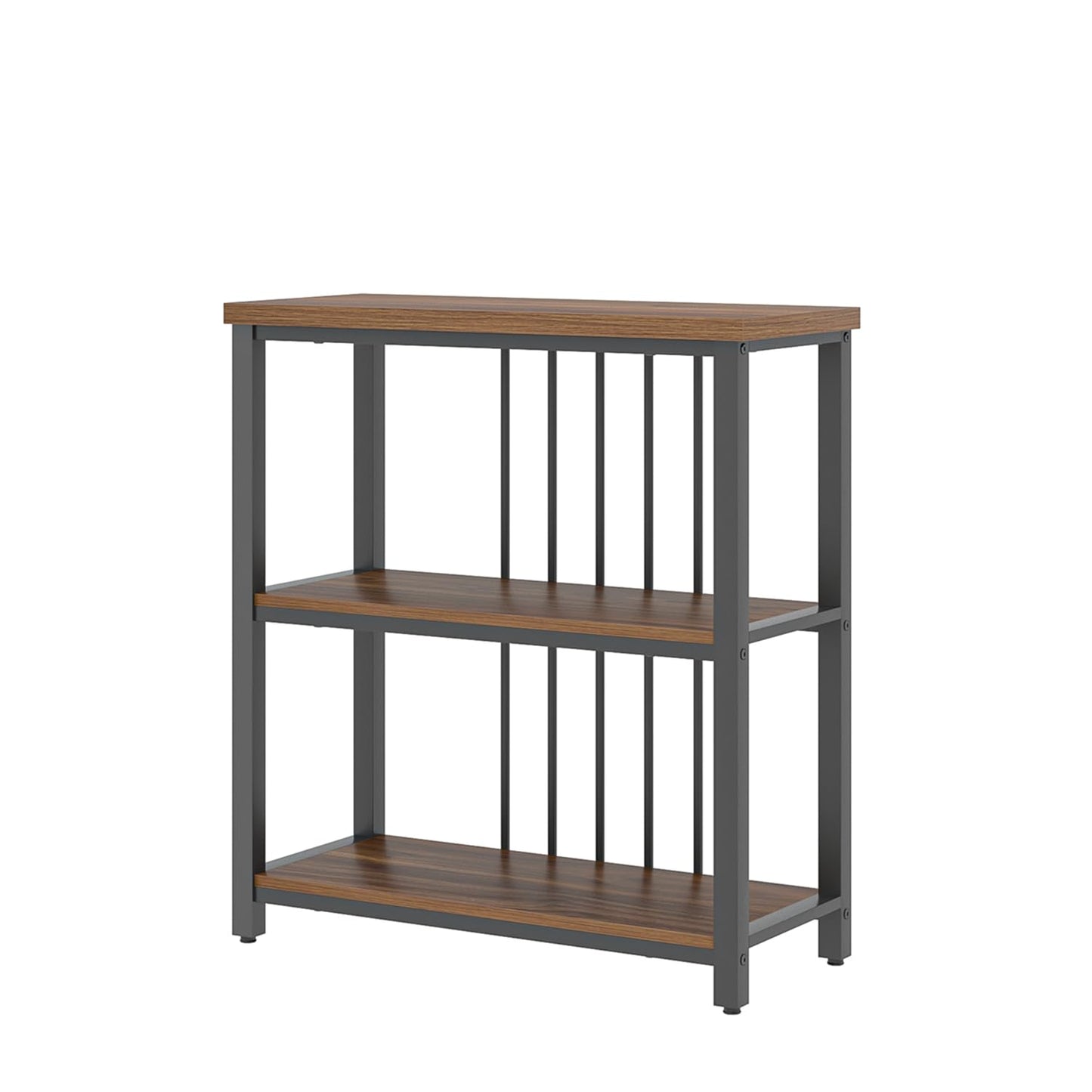 FOLUBAN Bookshelf, Small Modern 3 Tier Bookcase, Wood and Metal Standing Storage Book Shelves for Living Room, Office, Bedroom (Rustic Walnut)