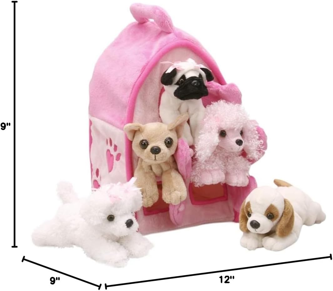 Plush Pink Dog House with Dogs - Five (5) Stuffed Animal Dogs in Pink Play Dog House Case