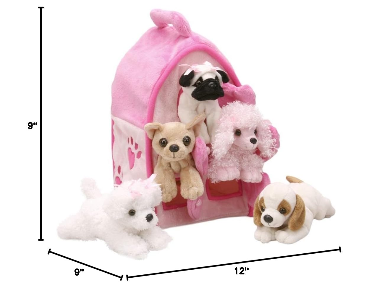Plush Pink Dog House with Dogs - Five (5) Stuffed Animal Dogs in Pink Play Dog House Case