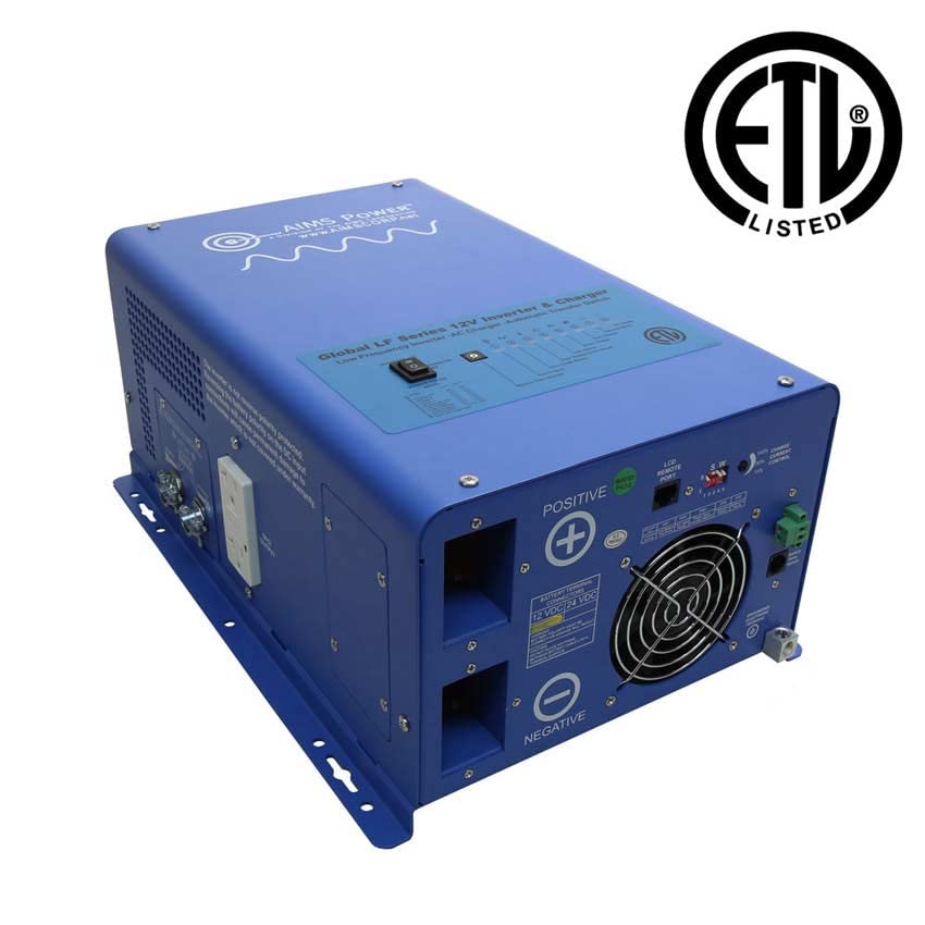 AIMS Power 1500 Watt 12 VDC Pure Sine Inverter Charger 120 VAC Output 50A Charger 30A Transfer Switch ETL Cert to UL458 Standards PICOGLF15W12V120V