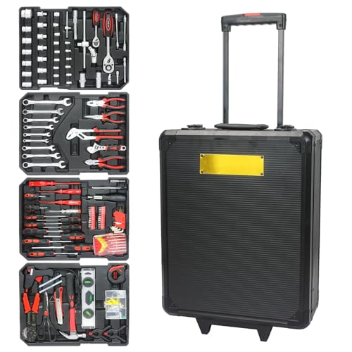 Black Hand Tool Box With 4 Layers Of Toolset,Aluminum Trolley Case Tool Set,Rolling Tool Case Box On Wheels,899pcs Household Hand Kit for House Repair, Garden, Office