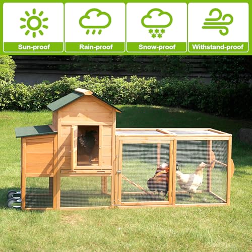 ECOLINEAR Large Chicken Coop with Wheels, Waterproof Outdoor Hen House for 6-8 Chickens, Movable Chicken House with Two Nesting Box, Removable Tray, PVC Cover, Wooden Duck Coop Rabbit Hutch