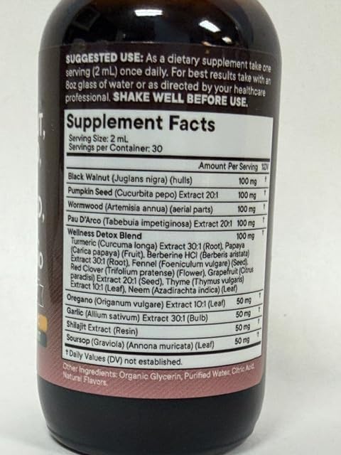 Black Walnut Wormwood Cleanse Drops - Liquid Soursop, Garlic, Pumpkin Seed, PAU D'Arco, Oil of Oregano, Turmeric, Berberine, Neem Extract, Hull Bark, Tincture - 2oz